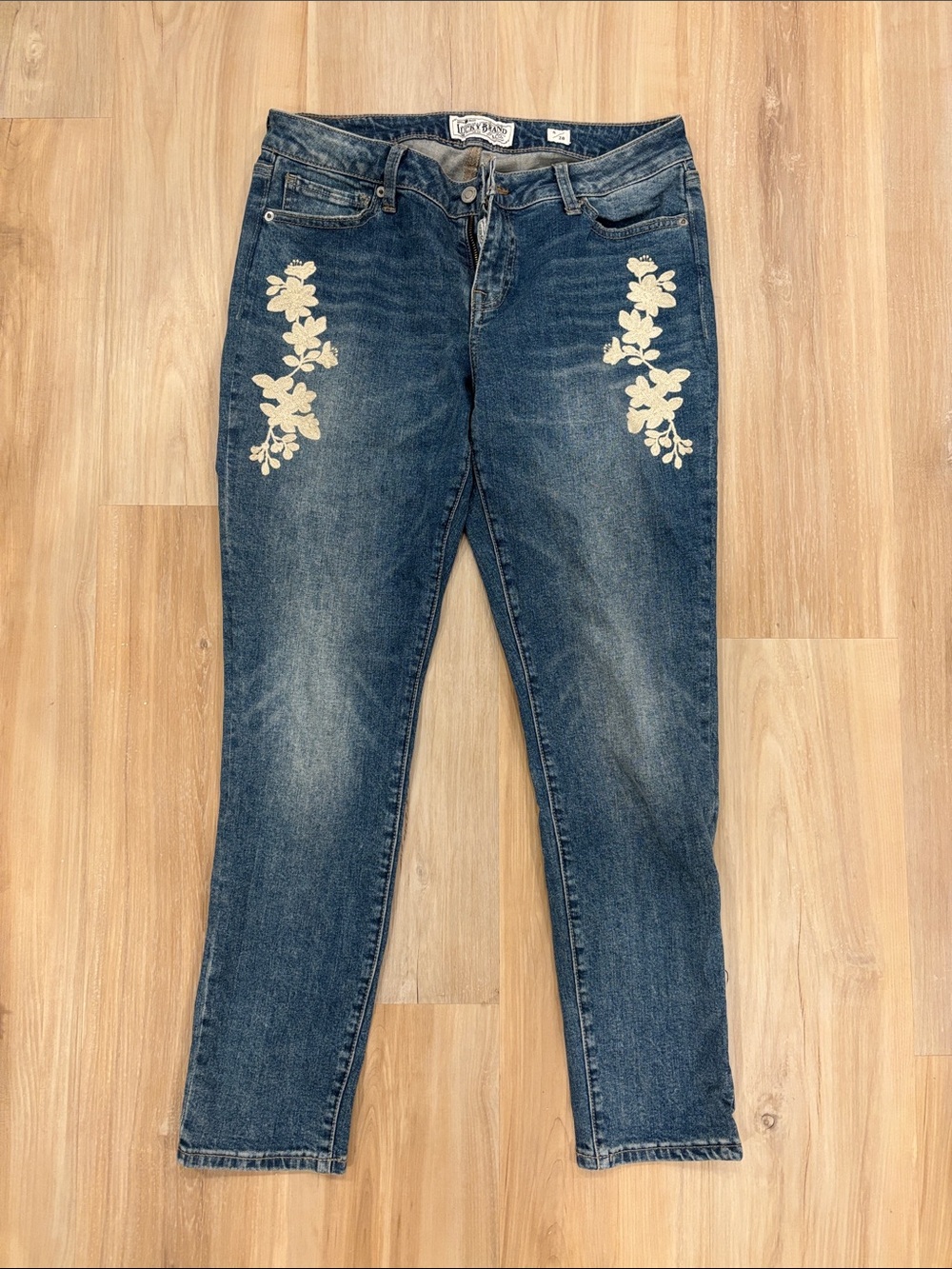Lucky Brand Blue Lolita Skinny Jeans with Cream Floral Appliqué